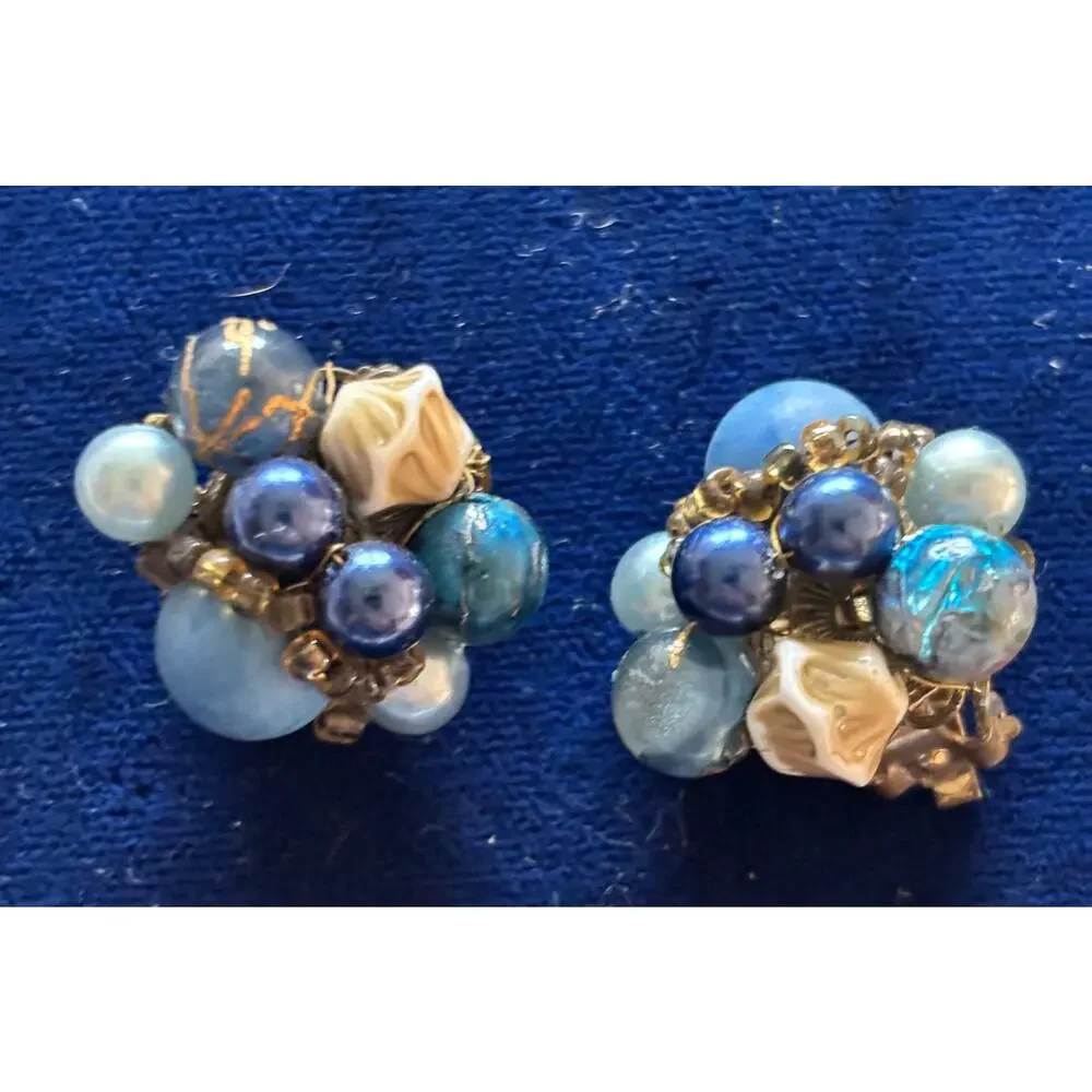 Vintage Japan Necklace and Earrings Lot 2 Blue Multi Color Gold Venetian Glass